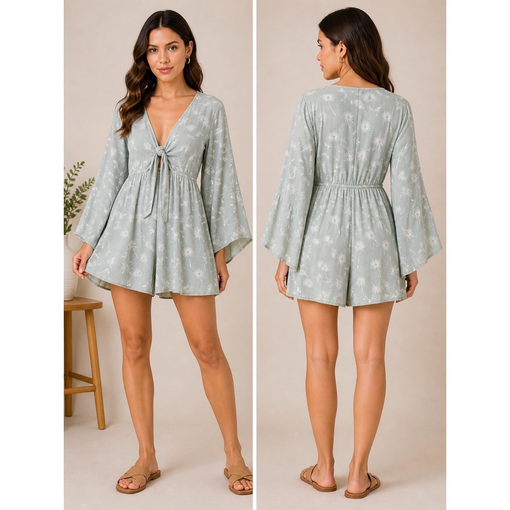 Amuse Society Sage Green Floral Bell Sleeve Tie Front Romper Women Small Boho